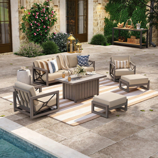 Marindo 6-Piece Faux-Wood Aluminum Swivel Patio Set with Fire Pit and Ottomans