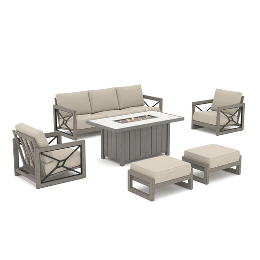 Marindo 6-Piece Faux-Wood Aluminum Patio Set with Fire Pit and Ottomans