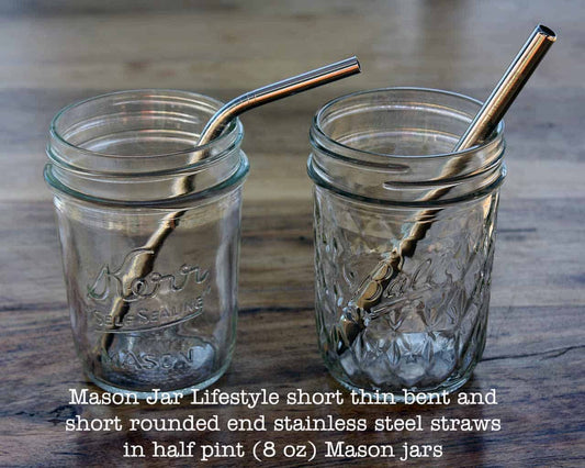 Short 6 ¼" Thin Bent Stainless Steel Straws for Half Pint Mason Jars