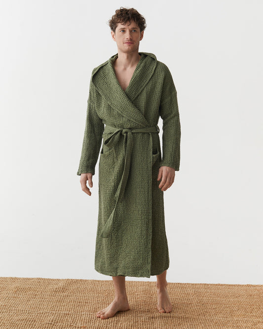 Men's waffle linen robe in Forest green