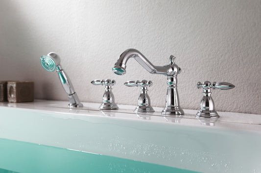ANZZI Patriarch 5-Hole Deck Mount Tub Filler, Dual Handle Control, Integrated Hand Sprayer, Solid Brass, 1.8 GPM Flow, WaterSense Certified, Various Finishes