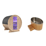 4-6 Person Electric Rock Heater Outdoor Barrel Sauna in White Cedar with 2-Person Cedar Cold Plunge Soaking Bathtub
