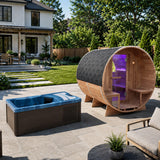 4-6 Person Electric Rock Heater Outdoor Barrel Panoramic Cedar Sauna with 1-Person Blue Cold Plunge & Built-in Chiller
