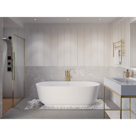 Sabbia Series 71 in. x 32 in. Flat Bottom Solid Surface Freestanding Soaking Bathtub with Center Drain in Matte White