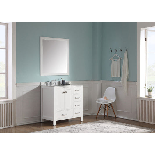 ANZZI Chateau Series 36 in. W x 22 in. D Bathroom Bath Vanity Set in White with Carrara White Marble Top with White Sink and Mirror