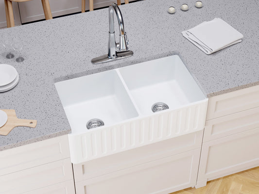 ANZZI Roine Reversible Farmhouse Sink (33" L x 9.5" H), Solid Surface ANZZI Stone, Non-Porous, Available in Single or 50/50 Double Basin