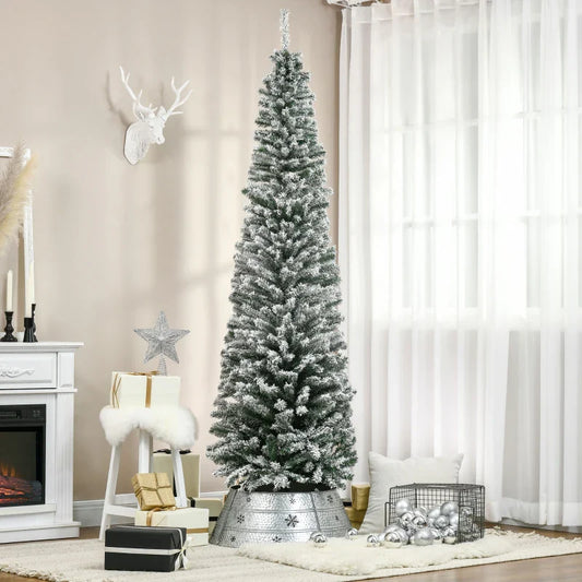 HOMCOM 7.5' Tall Unlit Snow-Flocked Slim Artificial Christmas Tree with Realistic Branches and 738 Tips
