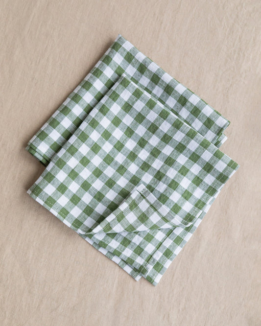 Forest green gingham linen napkin set of 2