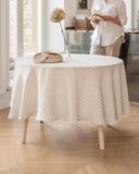 Round linen tablecloth in Natural gingham