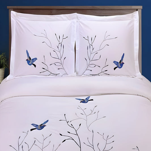 Swallow Embroidered Cotton Sateen Duvet Cover Set