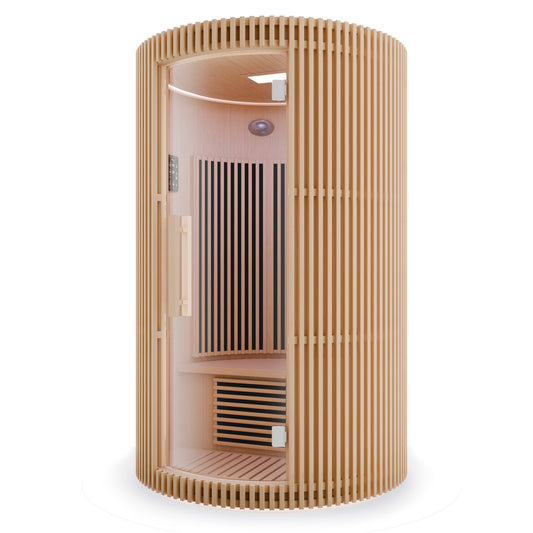 1-2-Person Round Infrared Sauna with Canadian Hemlock Wood, Infrared Heating Panels, Red Light Heater, and Glass Door