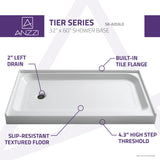 ANZZI Tier 60" x 32" Single Threshold Shower Pan, Durable Marine Grade Acrylic, cUPC Certified, 3-Wall Alcove Installation, Various Drain Options