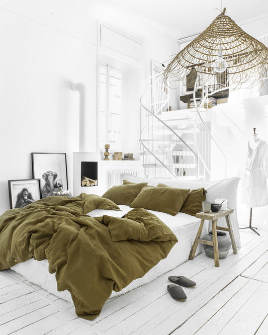 Olive green linen duvet cover set (3 pcs)