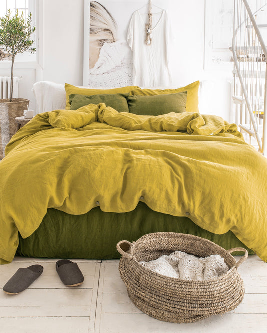 Olive green linen sheet set (4 pcs)