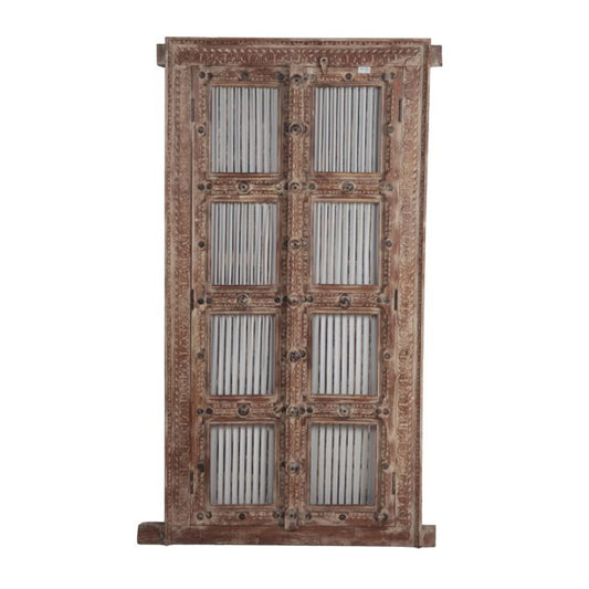 Carved Wood Door with Frame and Iron Rod, 2 Piece