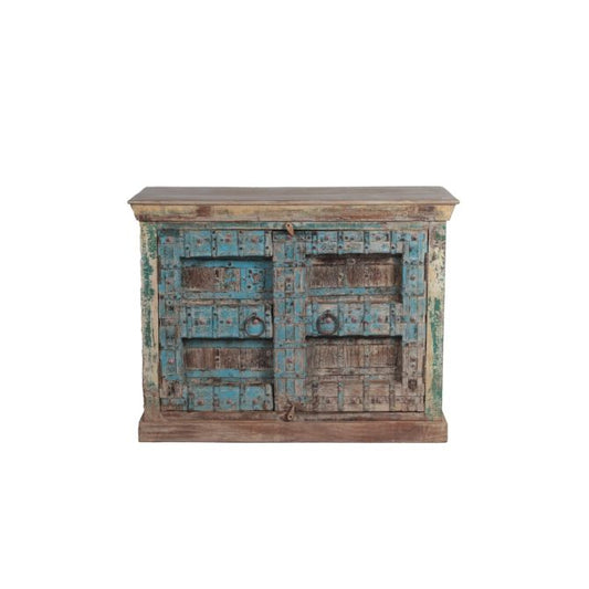 Wood Sideboard with Two Doors, Green and Teal Accents