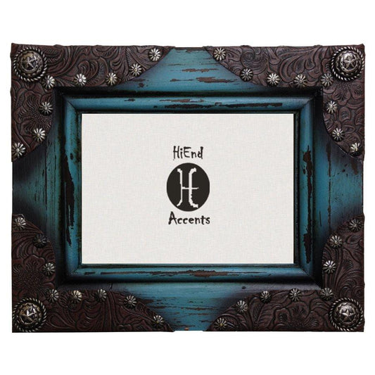 Painted Distressed Wood w/ Leather Corners Picture Frame, 4 MOQ