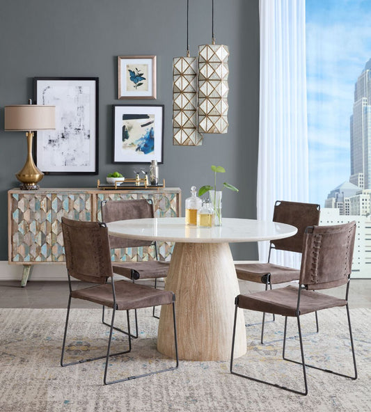 Palm Springs 48" Round Dining Table with White Marble and Whitewash Modern Base