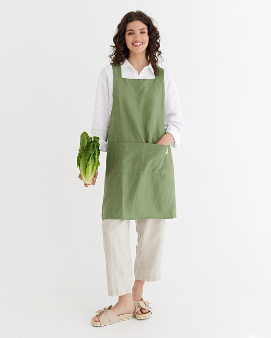 Pinafore cross-back linen apron in Forest green