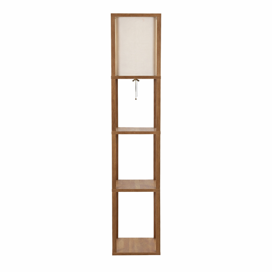 Pinnacle Shelf Floor Lamp For Bedroom/Living Room, Natural Wood with Long Shade