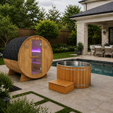 4-6 Person Electric Rock Heater Outdoor Barrel Sauna in White Cedar with 2-Person Cedar Cold Plunge Soaking Bathtub