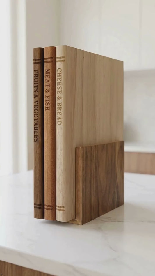 Premium 3pc Book Cutting Board Set with Stand, Space-Saving Decorative Wood Cutting Board Library, 100% Natural Wood Grain Finish, Sleek Laser-Engraved Labels