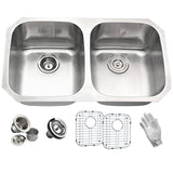 Moore Series 14.625 in. Undermount Double Bowl 16 Gauge Brushed Satin Finish Stainless Steel Kitchen Sink with Drain