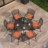 PURPLE LEAF Cast Aluminum Patio Dining Armchairs and Round Table | Rhombus and Square Lattice Designs