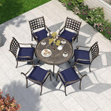 PURPLE LEAF Cast Aluminum Patio Dining Armchairs and Round Table | Rhombus and Square Lattice Designs