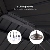PURPLE LEAF Hardtop Grill Gazebo for Patio Grey Permanent Metal Roof Outside Sun Shade Outdoor BBQ Canopy with String Lights