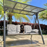 PURPLE LEAF Outdoor Porch Swing with Adjustable PVC Canopy, 3-seat Swing Chair Bench with Side Cup Holder, Cushions and Pillow Included