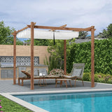 PURPLE LEAF Outdoor Retractable Pergola with Sun Shade Canopy Patio Metal Shelter for Garden Pavilion Natural Wood Grain Frame Grill Gazebo