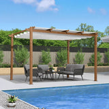 PURPLE LEAF Outdoor Retractable Pergola with Sun Shade Canopy In Natural Wood Grain Frame With Curtains