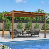 PURPLE LEAF Outdoor Retractable Pergola with Sun Shade Canopy Patio Metal Shelter for Garden Pavilion Natural Wood Grain Frame Grill Gazebo
