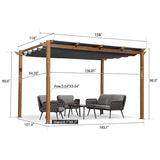PURPLE LEAF Outdoor Retractable Pergola with Sun Shade Canopy Patio Metal Shelter for Garden Pavilion Natural Wood Grain Frame Grill Gazebo