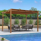 PURPLE LEAF Outdoor Retractable Pergola with Sun Shade Canopy Patio Metal Shelter for Garden Pavilion Natural Wood Grain Frame Grill Gazebo