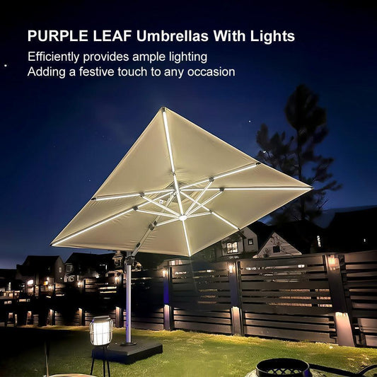 PURPLE LEAF Square Cantilever Umbrella with Base, Outdoor Umbrellas with Lights