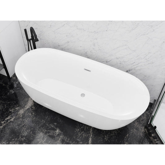 Ami Series 59 in. x 30 in. Flat Bottom Acrylic Freestanding 79 Gallon Soaking Bathtub with Center Drain in Glossy White