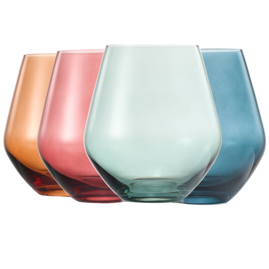 Colored Stemless Crystal Wine Glass Set of 4 - Large 16 oz (Pastel)