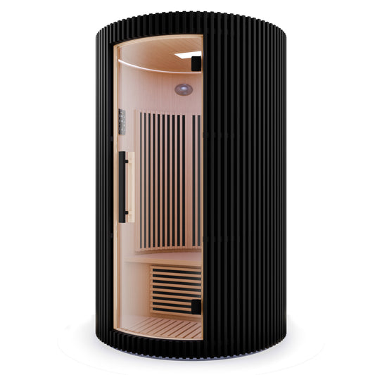 1-2-Person Round Infrared Sauna with Canadian Hemlock Wood, Infrared Heating Panels, Red Light Heater, and Glass Door