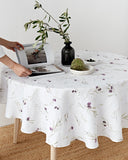 Round linen tablecloth in Olive orchard print on white
