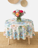 Round linen tablecloth in Vibrant peonies print on white