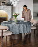 Round linen tablecloth in Wildflowers print on deep navy blue