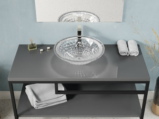 Diamante Round Clear Glass Vessel Bathroom Sink with Faceted Pattern