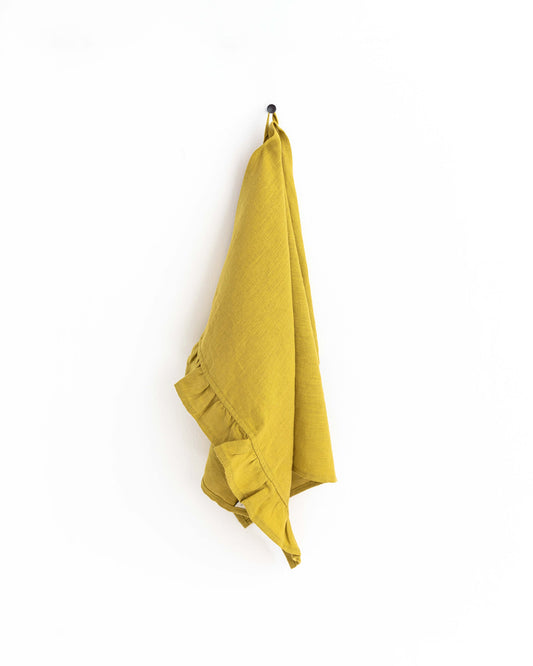 Ruffle trim linen tea towel in Moss yellow