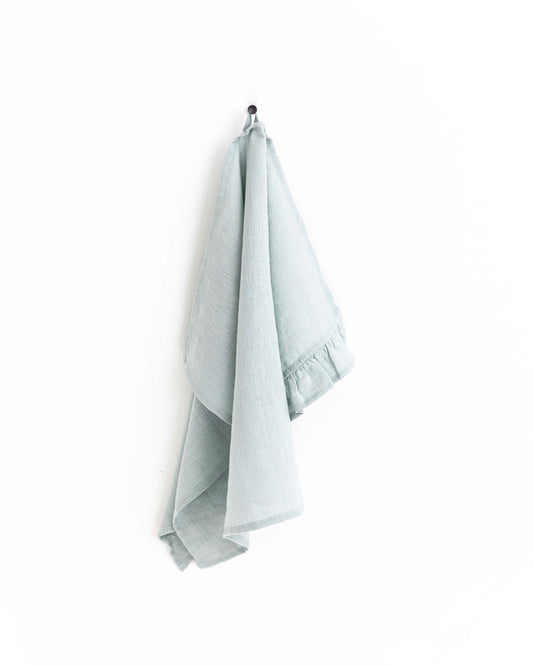 Ruffle trim linen tea towel in Dusty blue