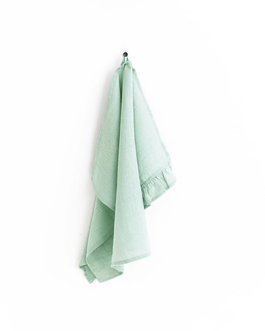Ruffle trim linen tea towel in Sage green