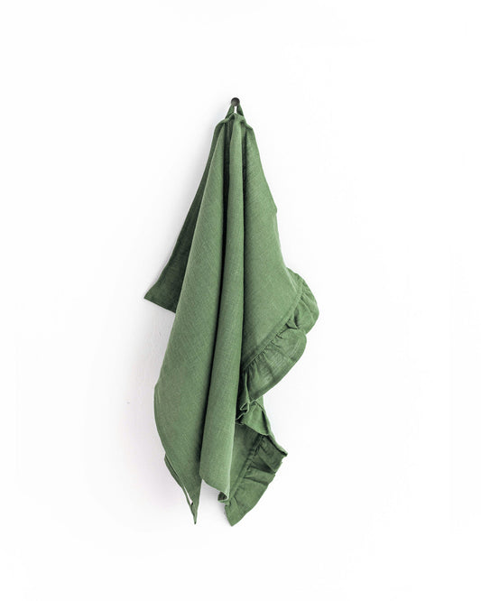 Ruffle trim linen tea towel in Forest green
