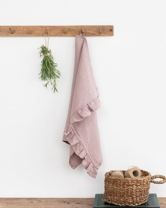 Ruffle trim linen tea towel in Woodrose