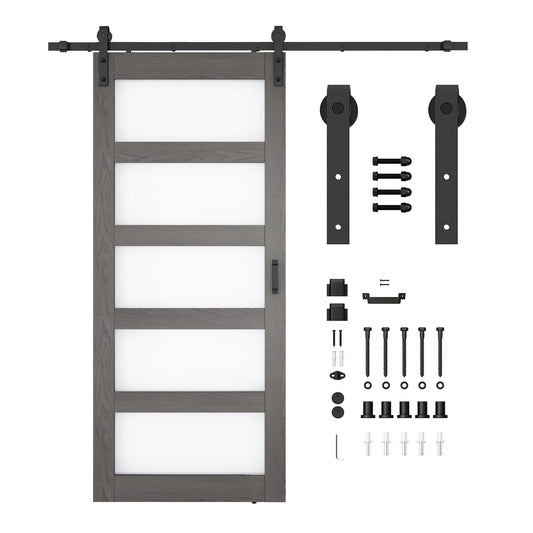 Frasassi Series 36 in. x 84 in. Light Wood MDF Interior Sliding Barn Door with Frosted Glass and Hardware Kit in Matte Black